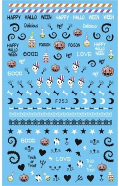 Nail Art 3D Decal Stickers Spooky Pumpkin poison bone star cat F253