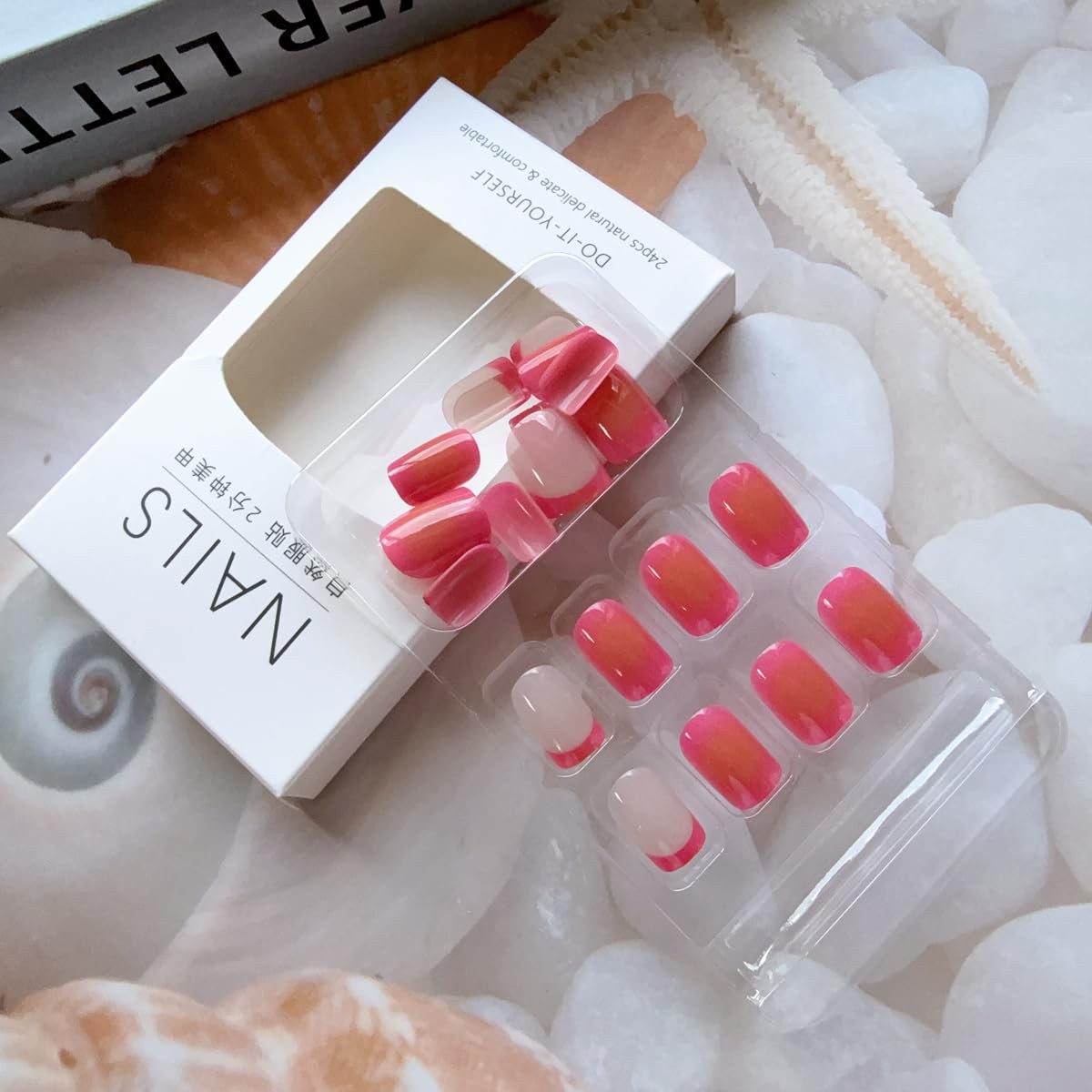 Short Square Press on Nails French Fake Nails Summer Glue on Nails Hot Pink A…
