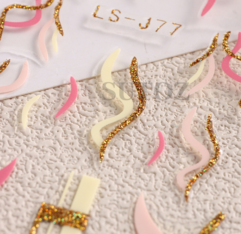 Golden Glitter French Lines Nail Stickers – Curve Wave Swirls, Pink Stripe NH22