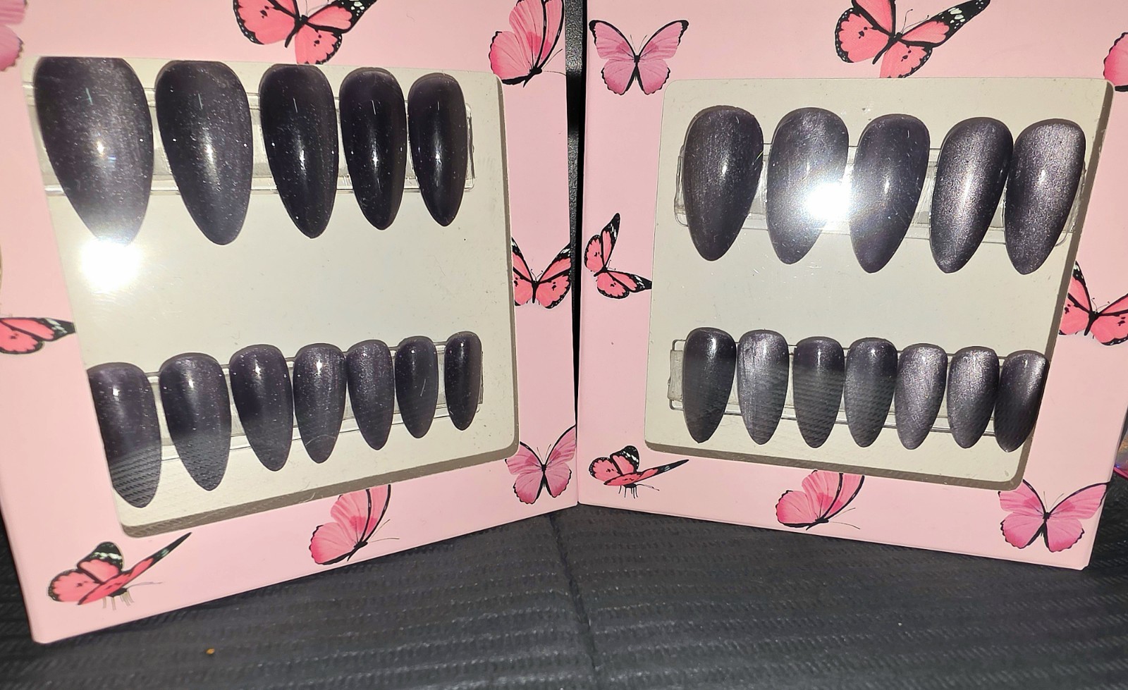 New Reusable Handmade Black Silver Cat Eye Press On Nails – Medium Almond 24pcs