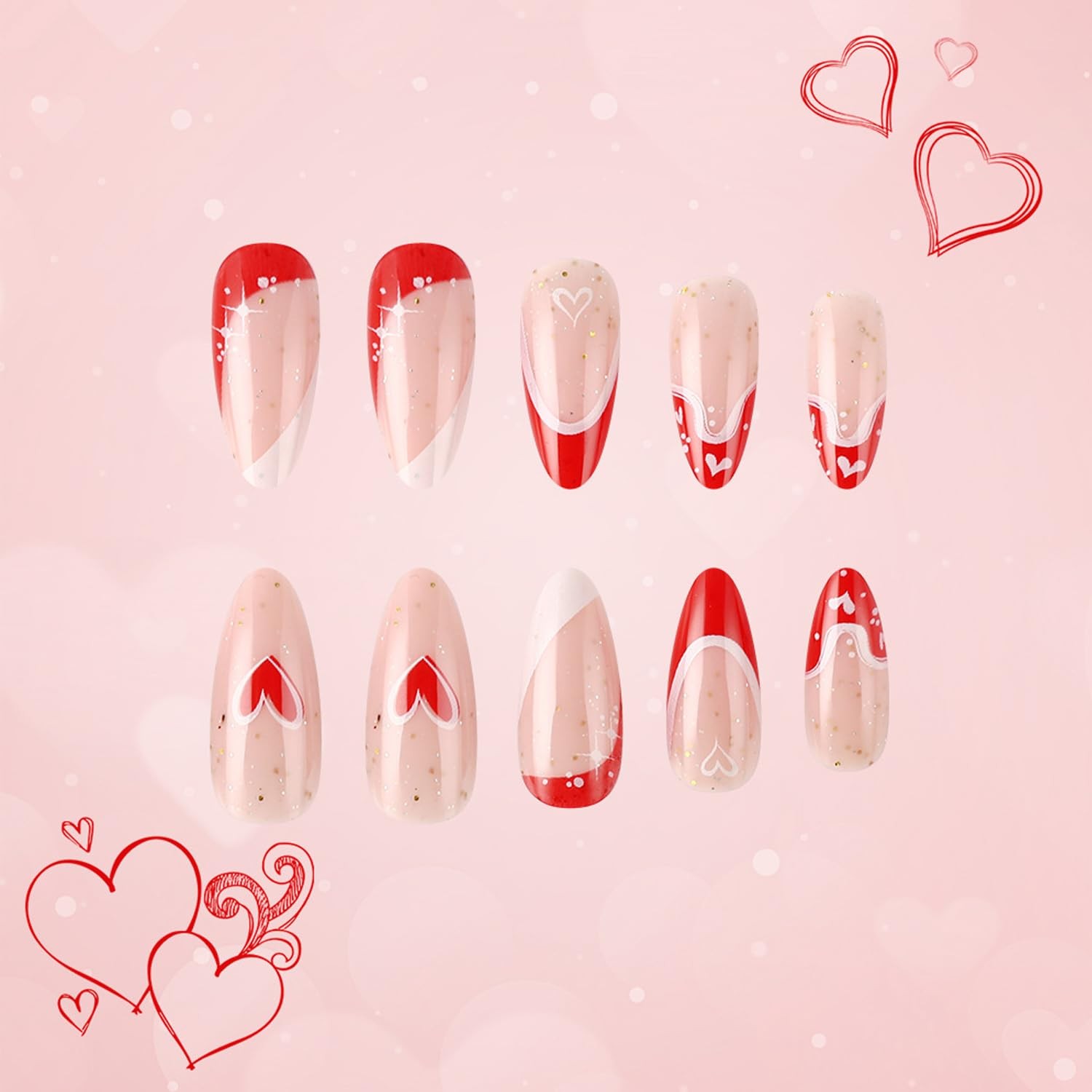 Valentine’s Day Press on Nails Almond Medium Fake Nails with Red Heart Glitte…