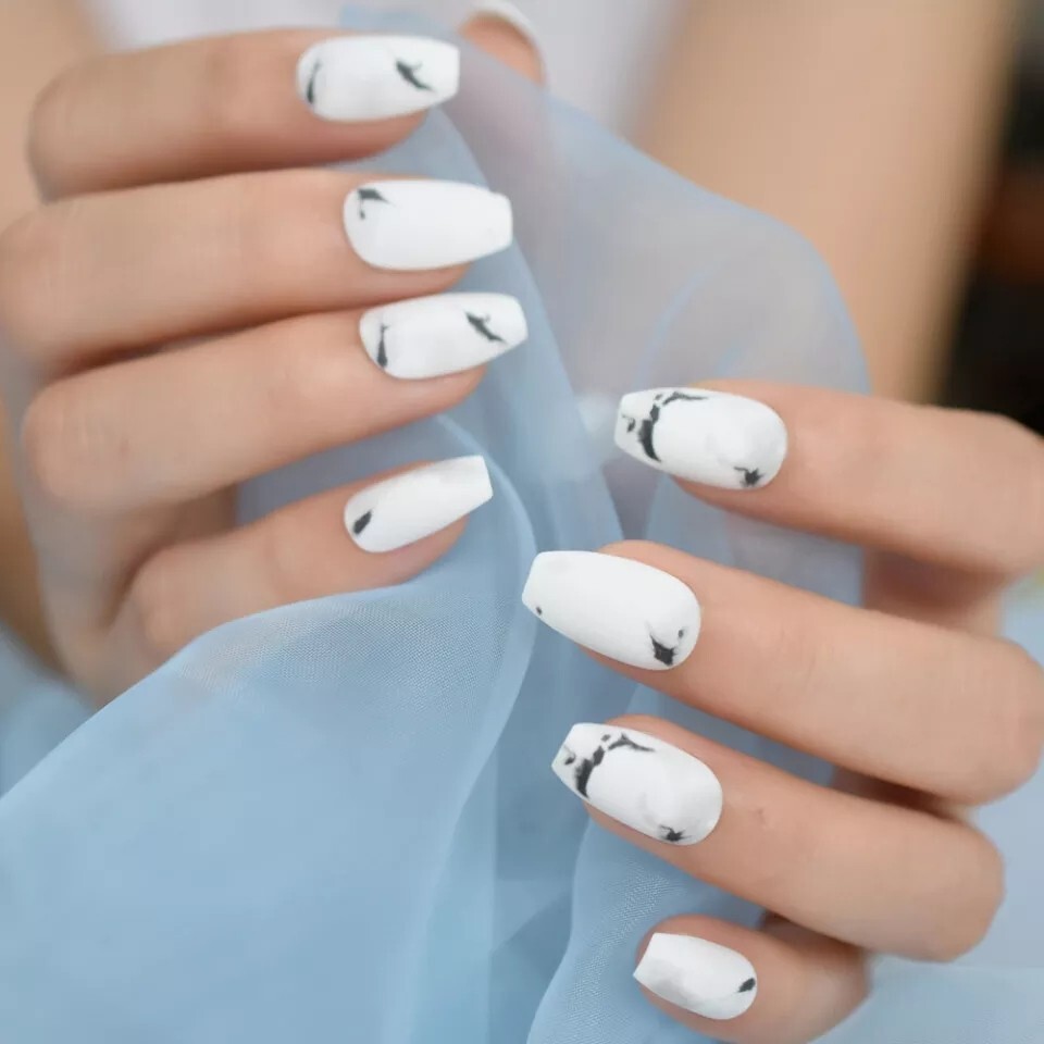 24 Matte White Marble Press on nails kit glue Classy black stone medium coffin