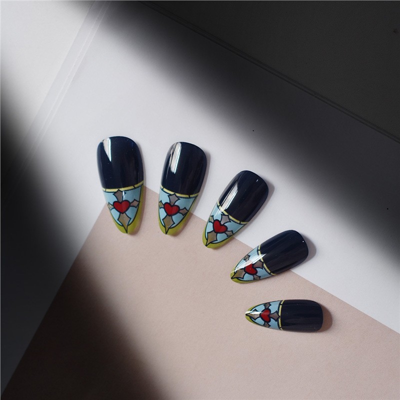 Almond Black Nails Stained Glass Heart Pattern Press On Nails Wholesale