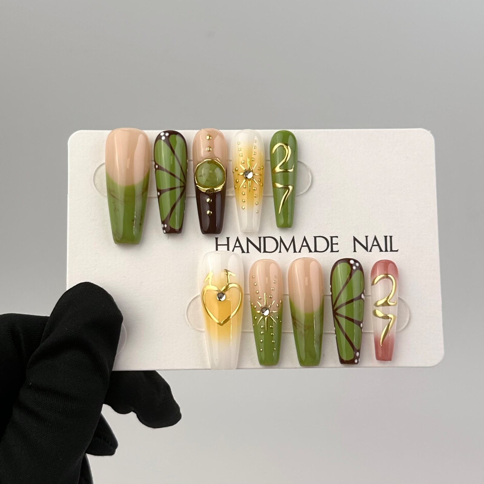 Long Coffin Tropical Jungle Press-On Nails with Gold & Amber Accents handmade