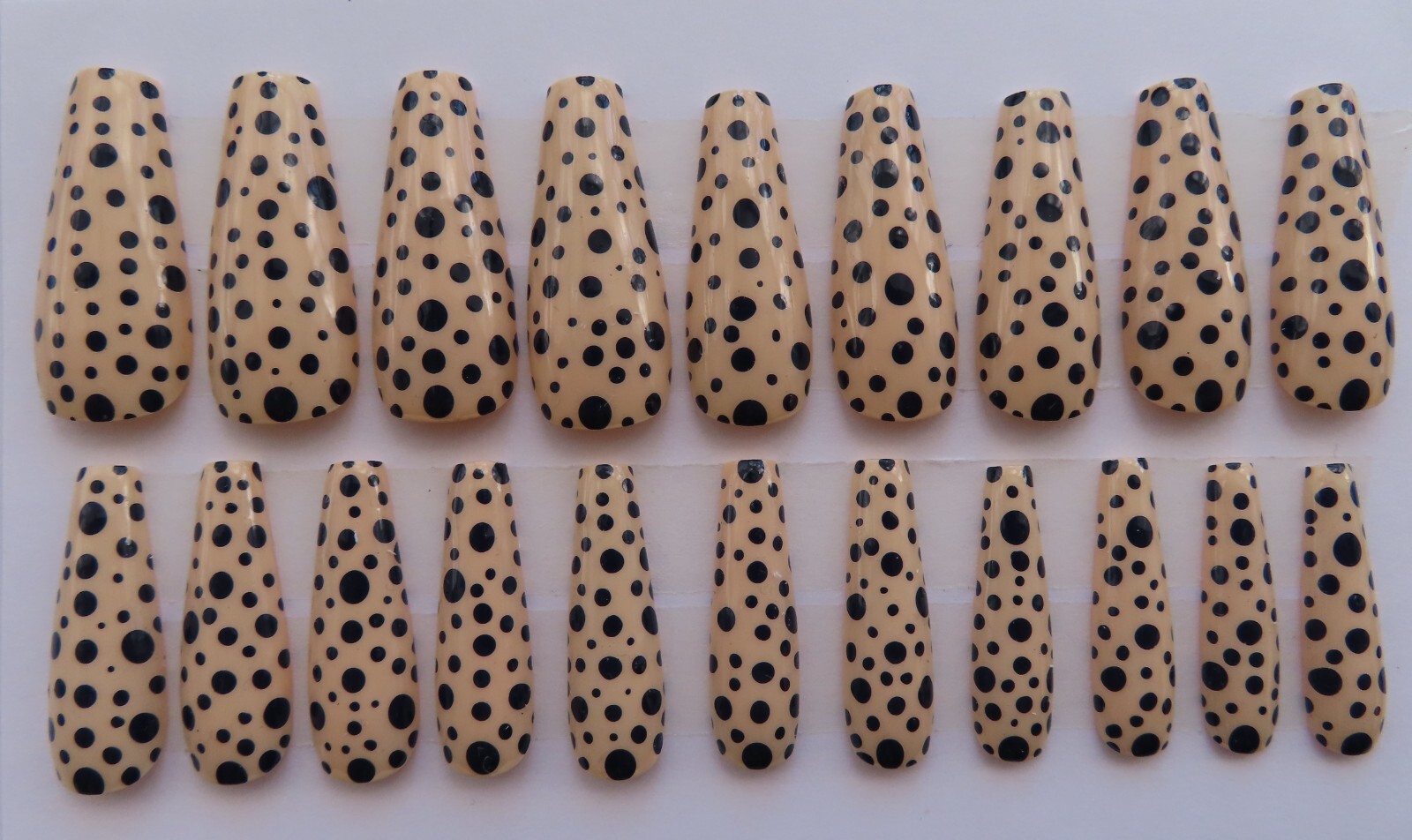 (2) Set Cream Black Polka Dot | White Green Bronze Abstract Coffin Press-On Nail