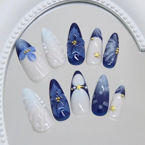 Blue Flower Press on Nails Medium Almond Metal Starfish and Gold Beads