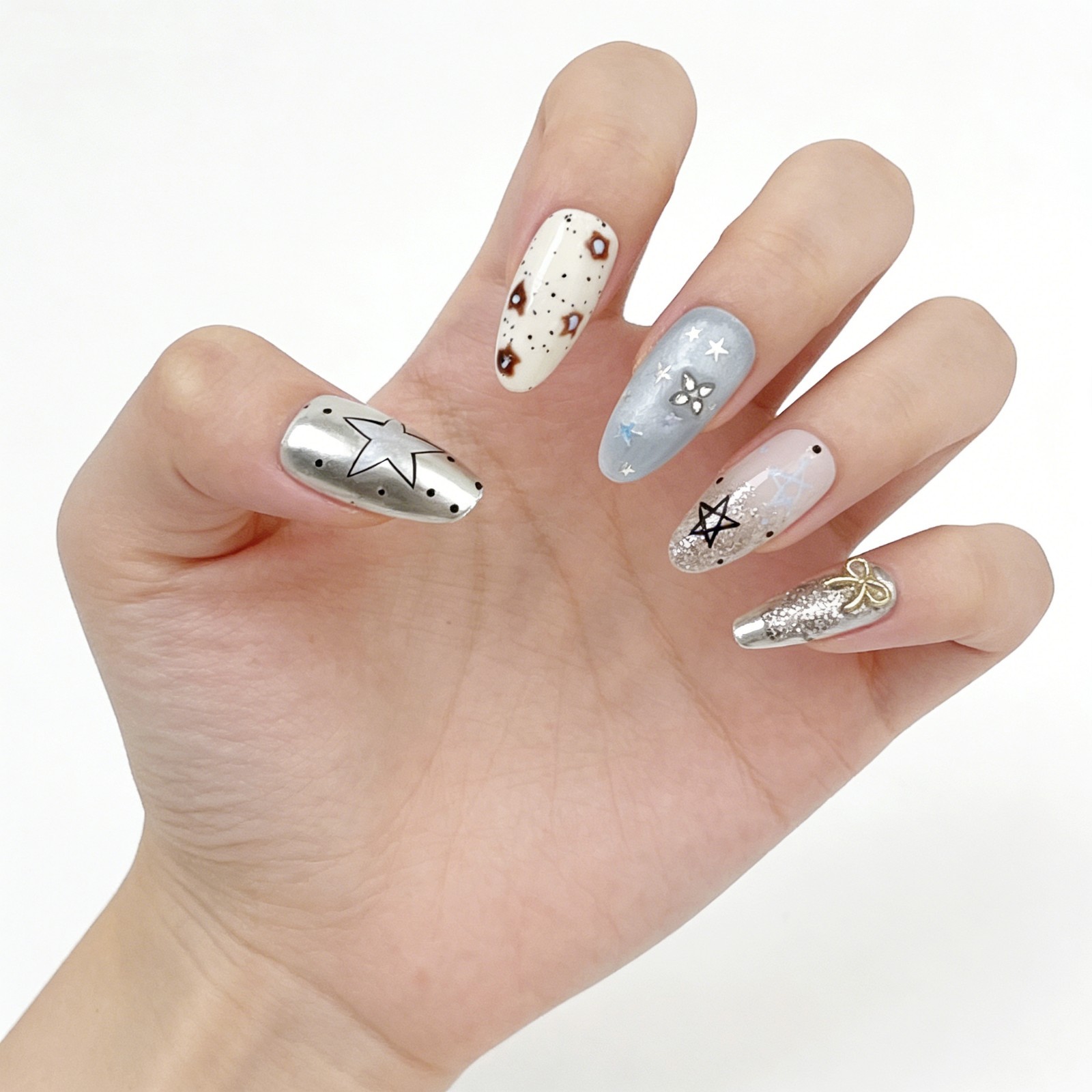 Galaxy Star Glitter Press-On Nails Mismatched Set Handmade Almond Nails Gift