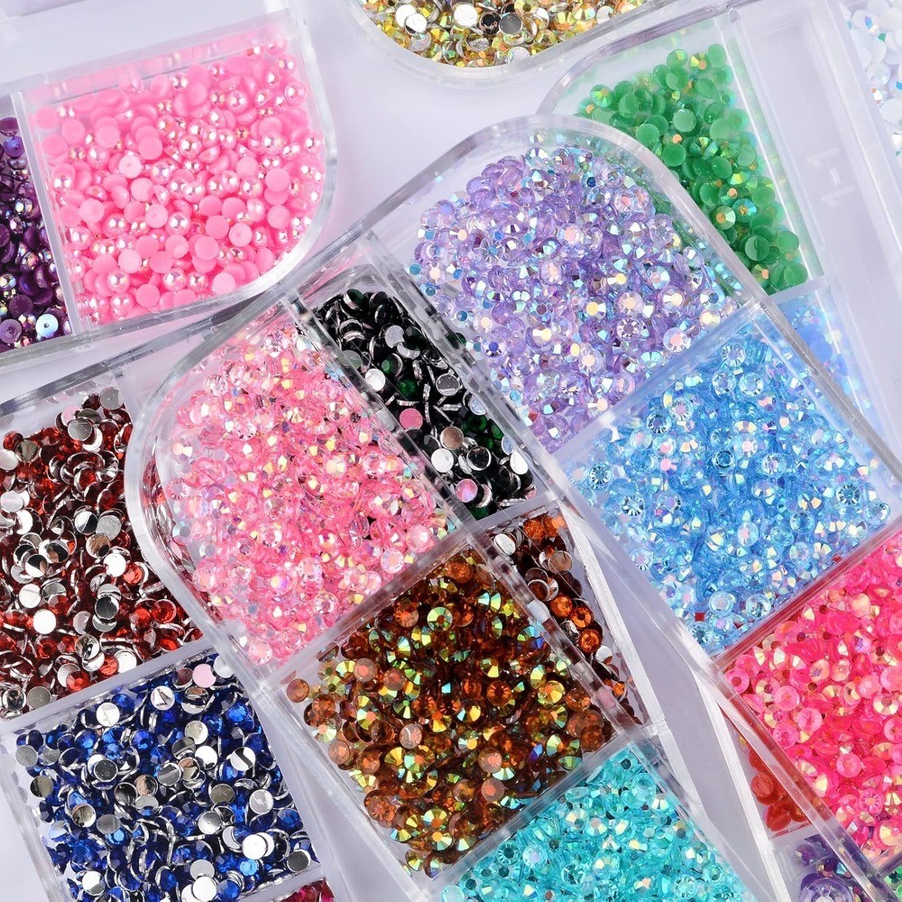 5 Boxes Nail Art Rhinestones, Half Pearls, 3D Flatback Gems for DIY Crafts,