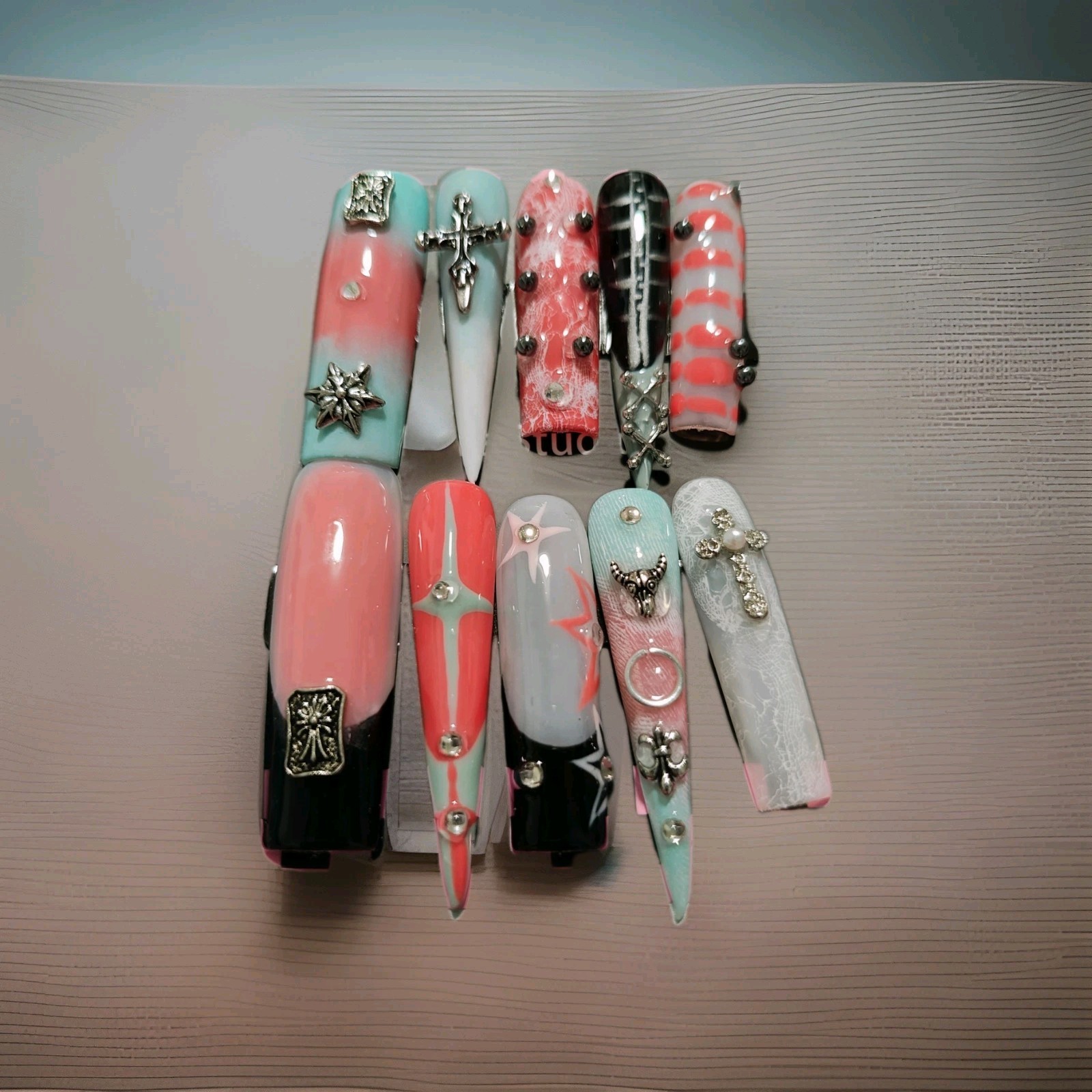 Custom Pink Blue Black Extra Long Coffin Stiletto 3D Cross Star Press-On Nails