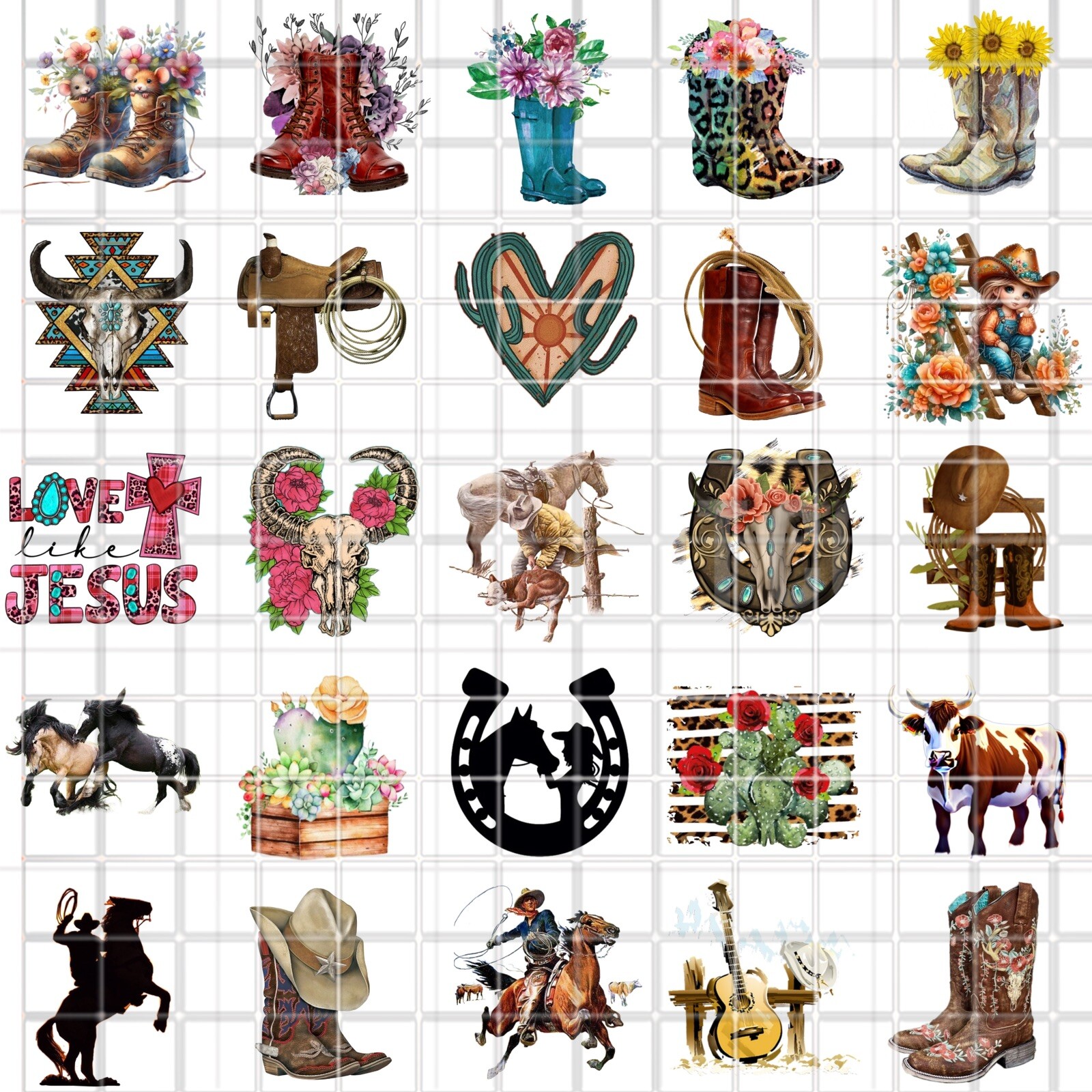 Western, Boots, Flowers Cowboy Waterslide Nail Art Decals Set Of 50