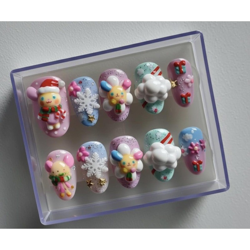 Custom Pure Handmade Nails Christmas Snowflake Gift Cute Holiday Party Manicure