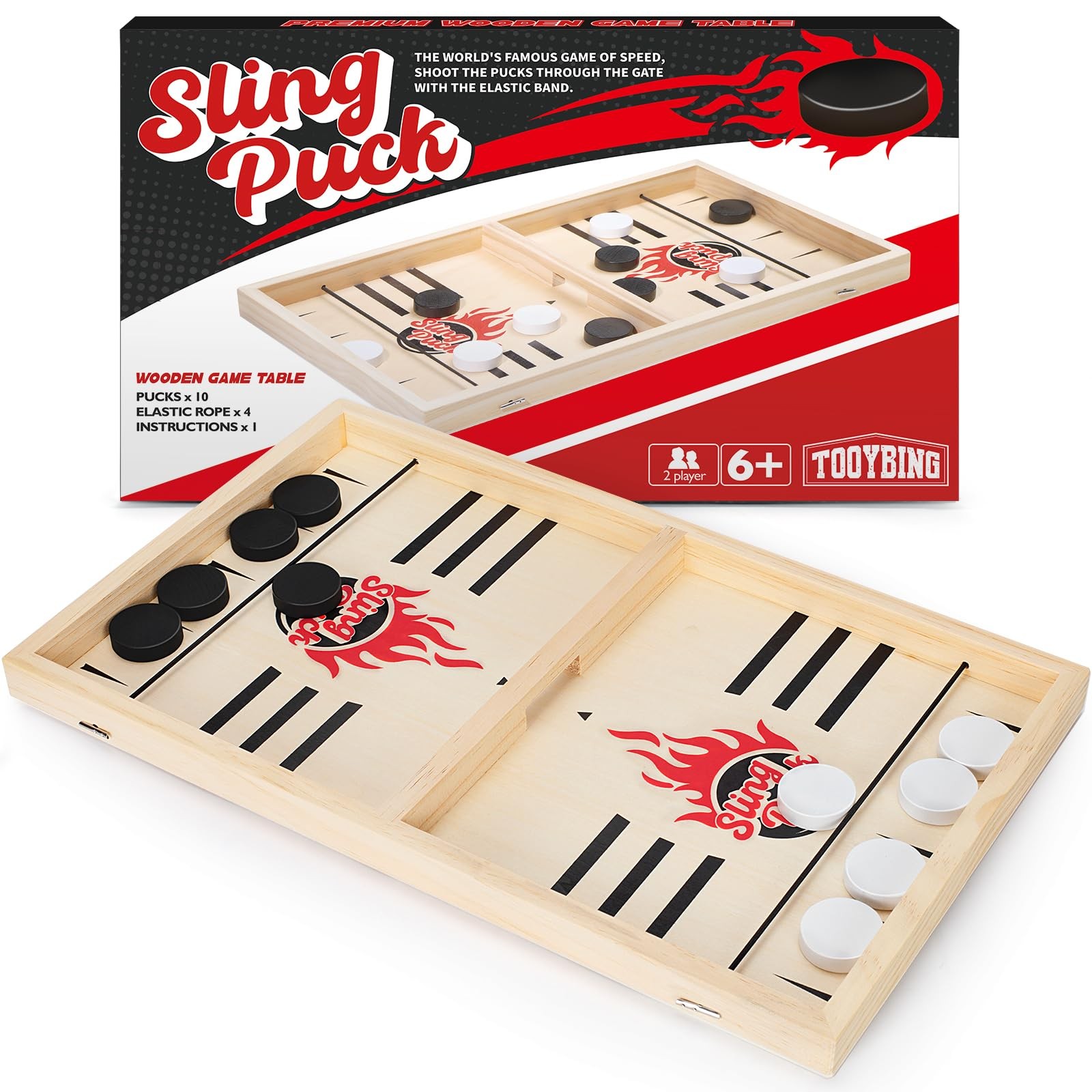 Large Fast Classic Slingshot Puck Game, Wooden Hockey Board Games red, black