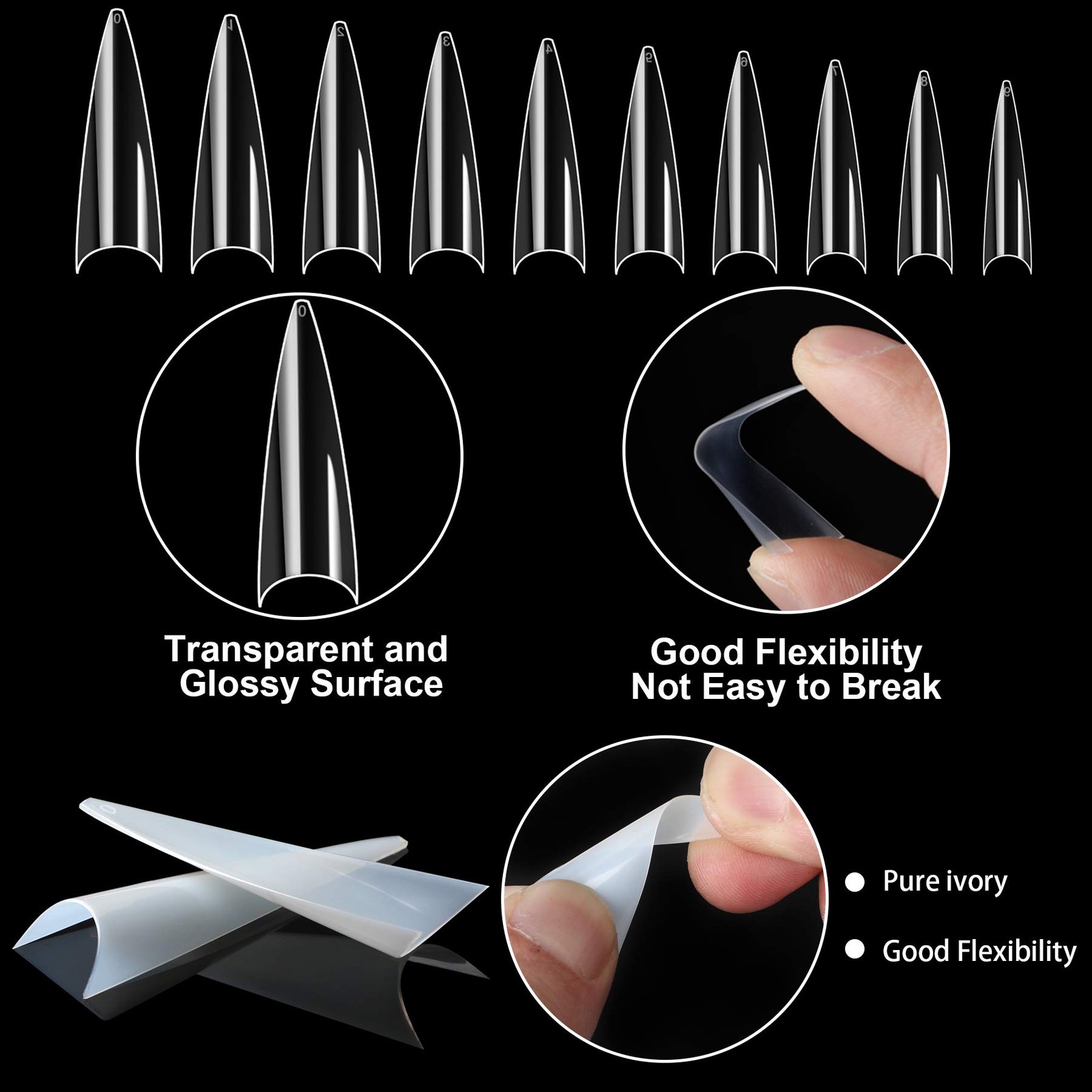 FEBSNOW 1000PCS Long Stiletto Nail Tips, Acrylic Flake Nails with