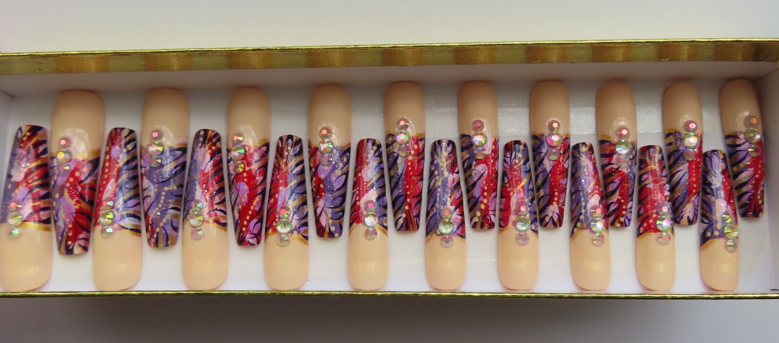 XL Red Purple Cream Gold Metalic Black Bling Abstract Tip Coffin Press On Nails