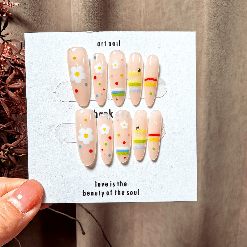 60pcs Almond Press on Nails, Clear Base Daisy Rainbow Stripes Summer Nails