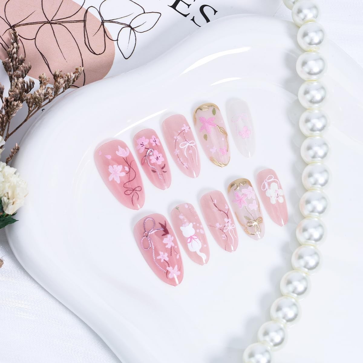 30Pcs Pink Flower Press on Nails – Gorgeous Almond Shape with Bow Design