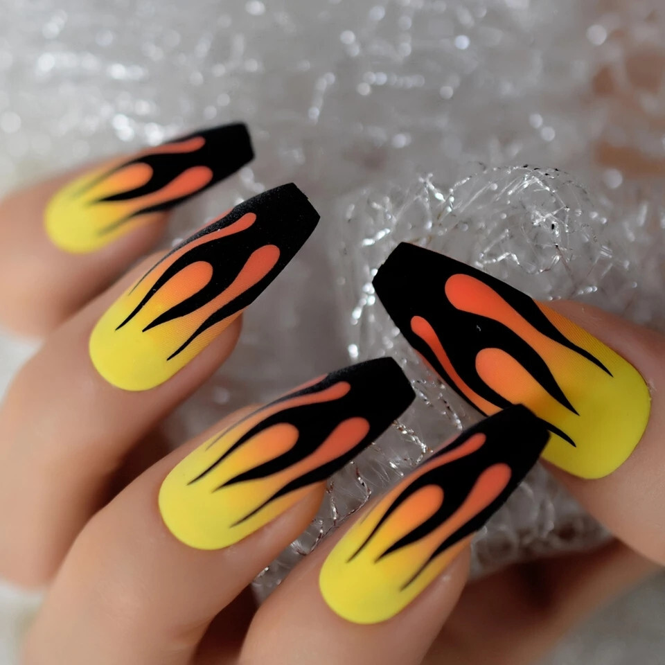 24 Press on Nails kit w Glue extra long Coffin guy fieri black flames yelllow