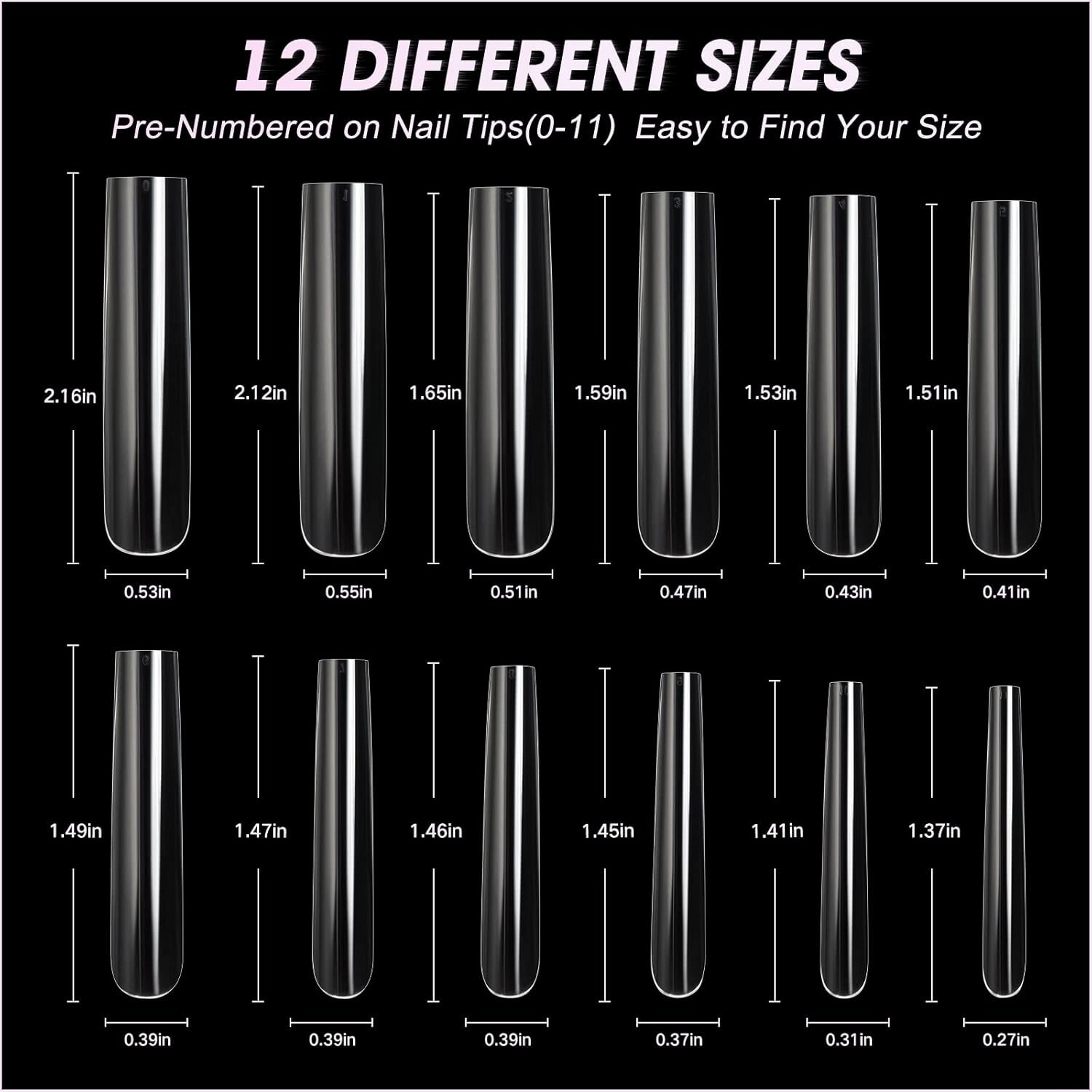 Extra Long Square Full Cover Nail Tips 240PCS XXXL Clear Fake Nails 12 Sizes New