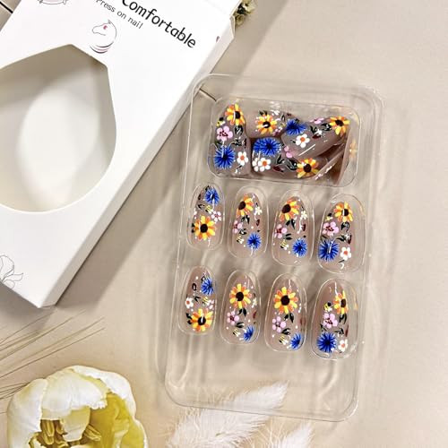 Flower Press on Nails Almond Medium Spring False Nails 3D Florals Design Full