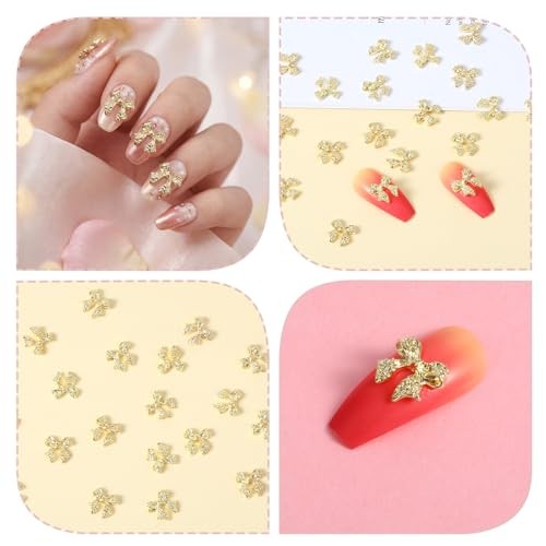 Mabor 80PCS Gold 3D Bow Nail Charms, Alloy Metal Bows for Nails, Shiny DIY
