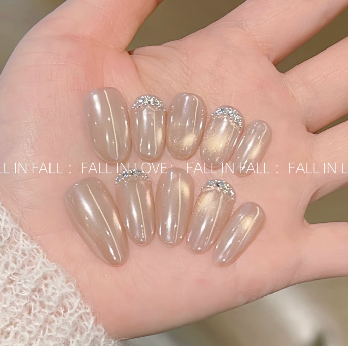 Handmade False Nail Glazed Donut Cat Eye Rhinestone Press On Nail Pearl White