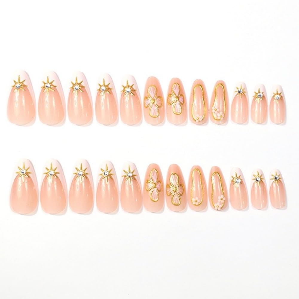 Stylish 3D Spring Floral Acrylic Press On Nails – 24PC Medium Almond Beauty Set