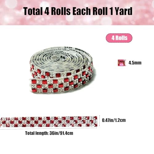 4Rolls Self Adhesive Crystal Rhinestone Strips, Glass Gems Rhinestone Red B