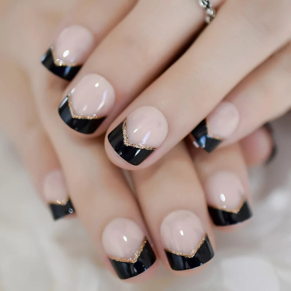24 Short Press on nails kit w/ glue black tip french mani gold glitter line