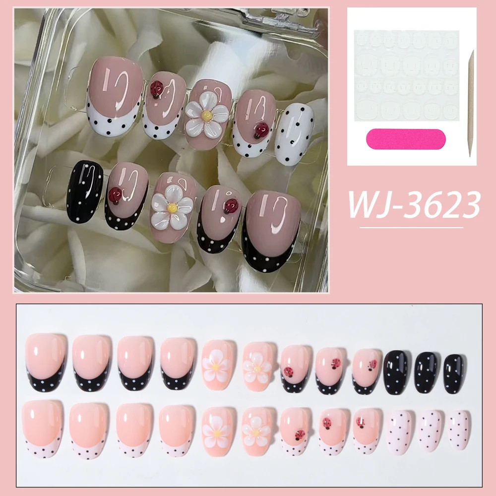 24Pcs Set French Tip Press On Nails Short Oval 3D Gel Flower Ladybug Polka Dot