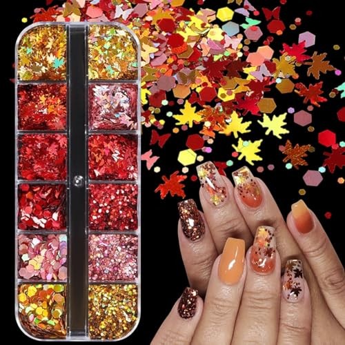 12 Grids Fall Nail Glitters 3D Gold Maple Leaf Nail Sequins with Glitter Gold