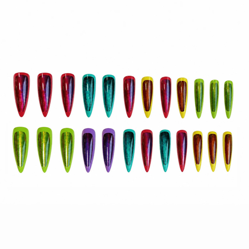 48pcs Stiletto Press on Nails, Neon Rainbow Mirror Chrome Glitter Trend Nails