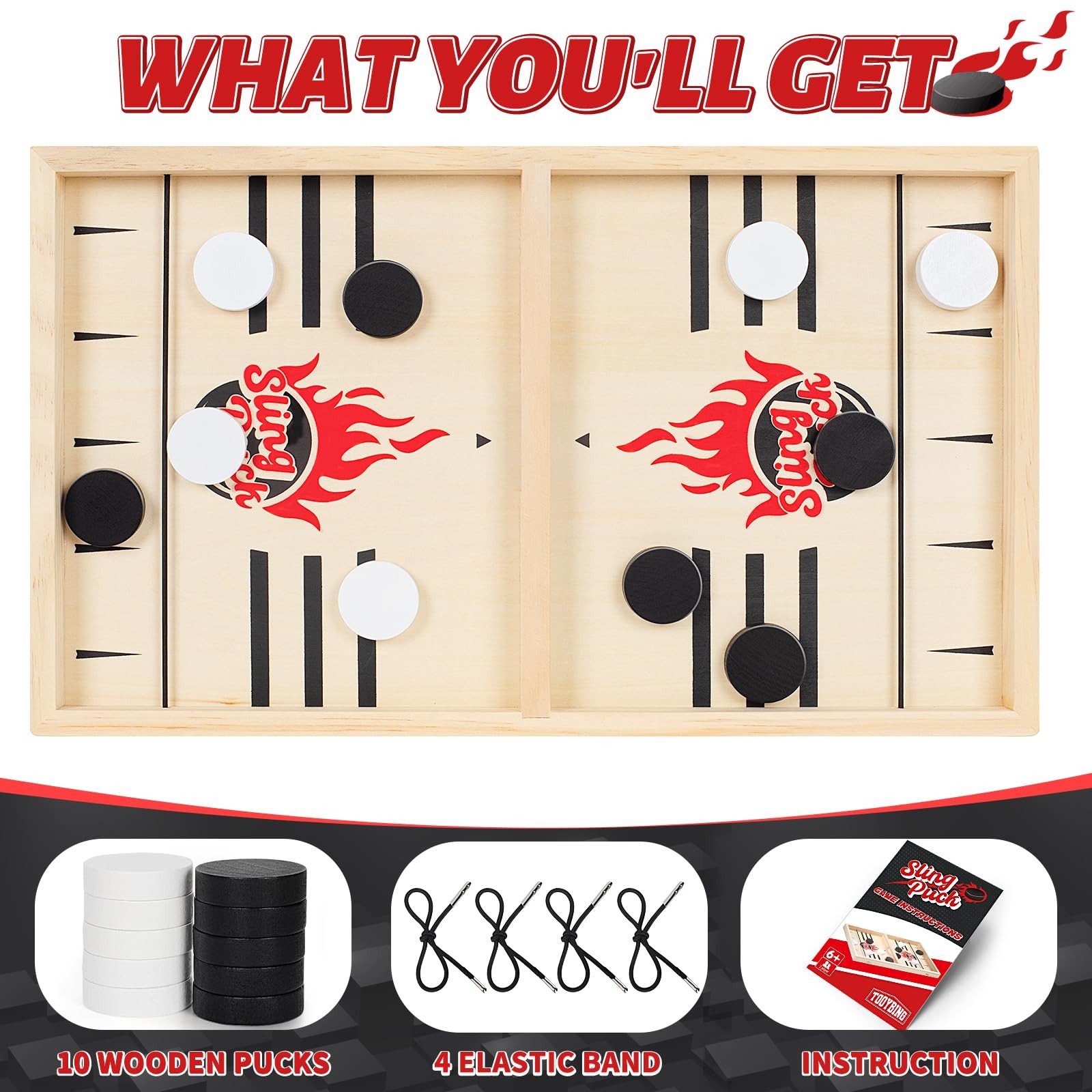 Large Fast Classic Slingshot Puck Game, Wooden Hockey Board Games red, black