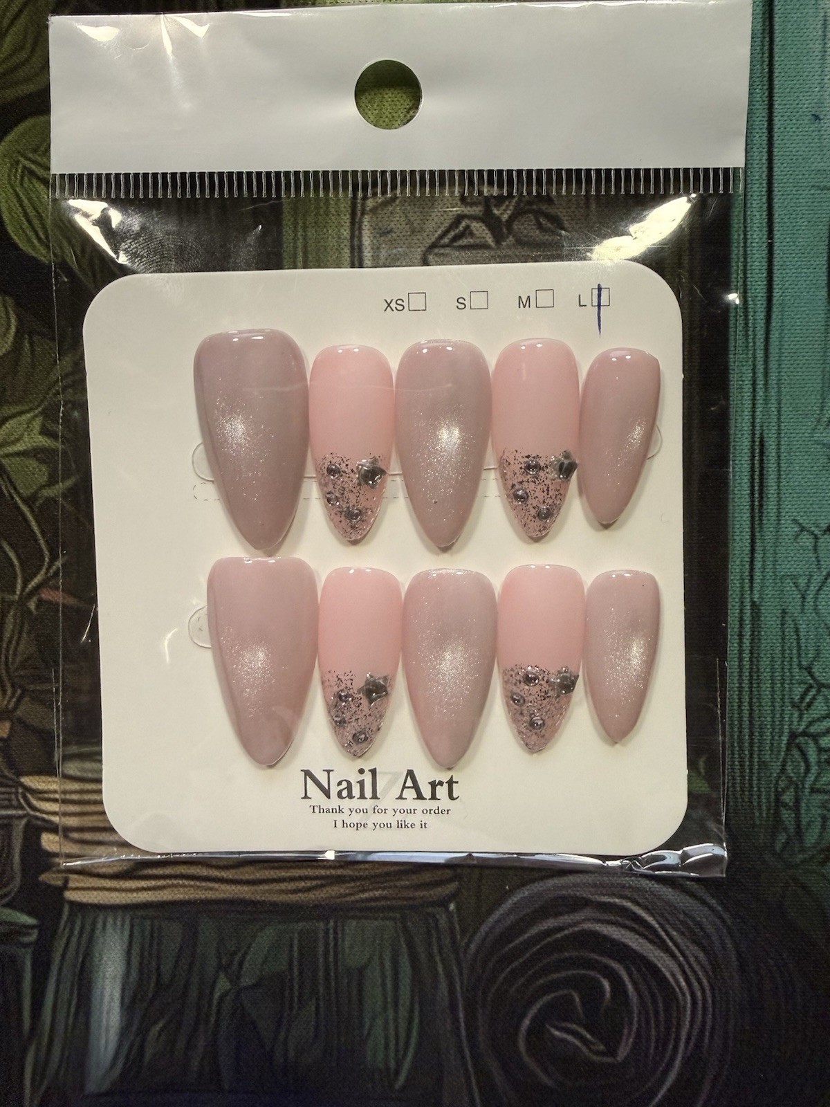 Large Nail Size Press On Nails Soft pink Glitter CatEye Long Length Almond Shape