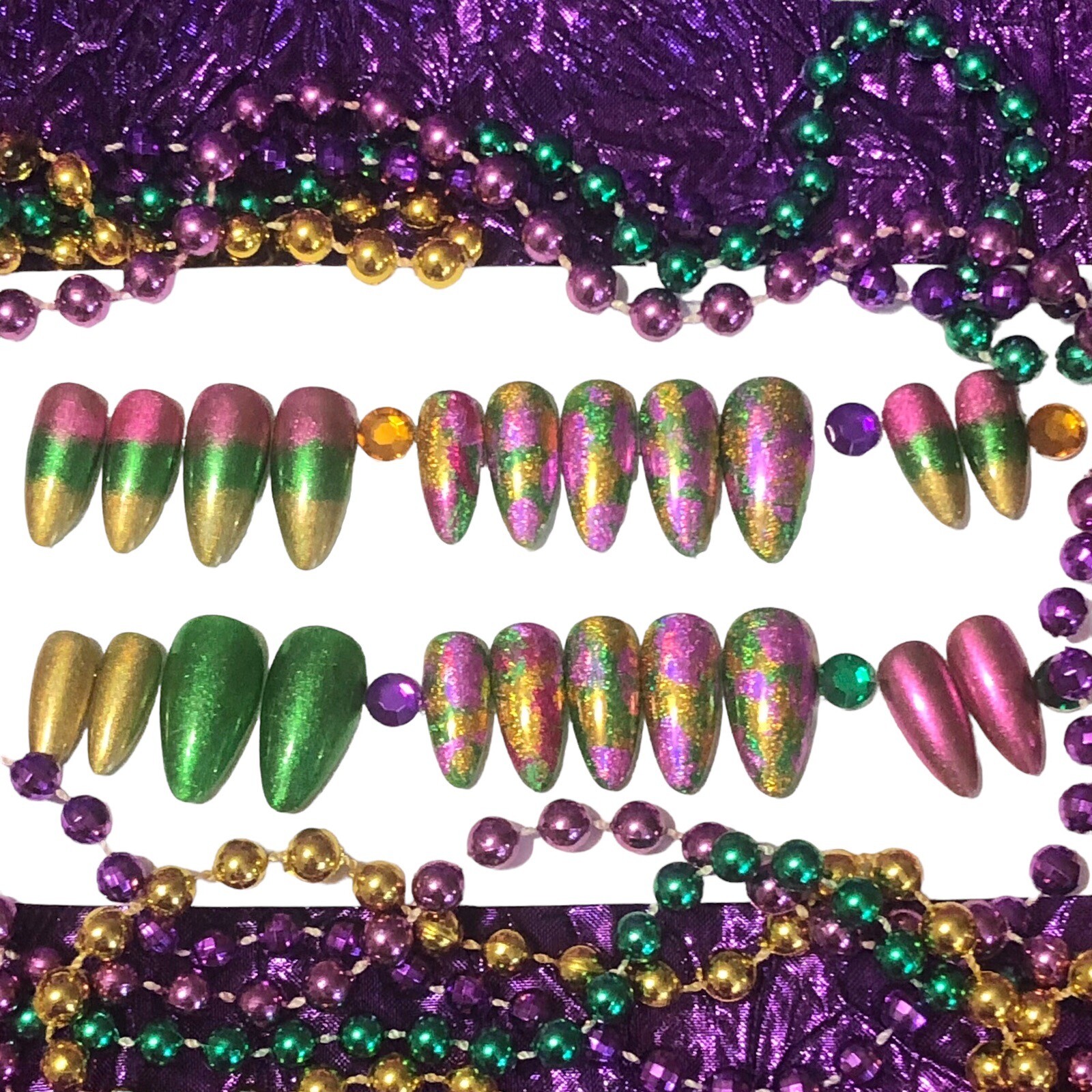 Handmade Custom Press On Nails Almond Shape Medium Length Mardi Gras Nails