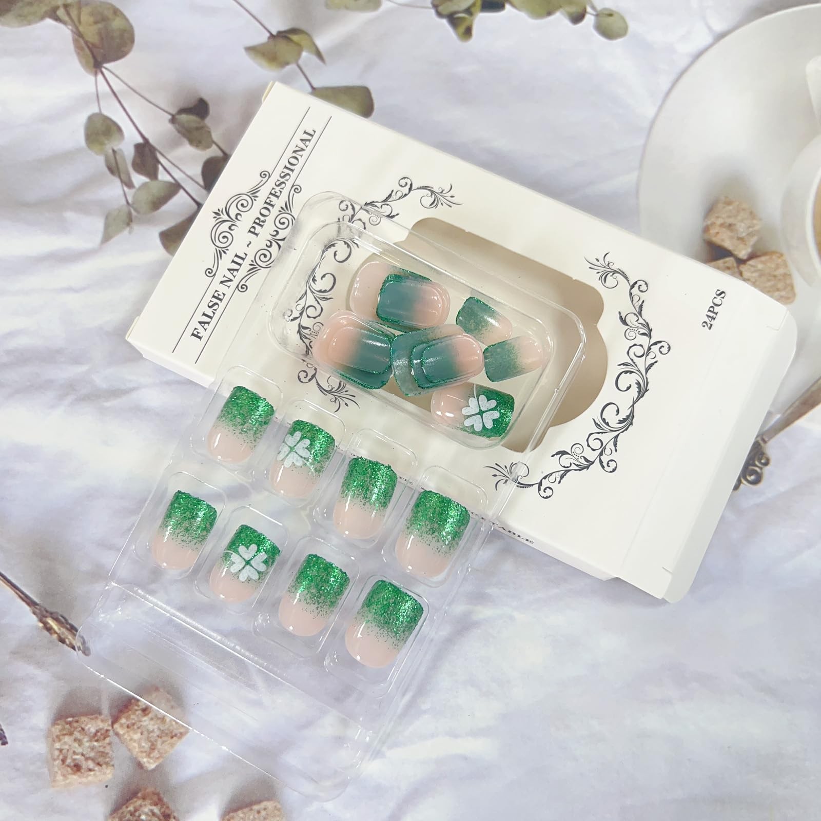 St. Patrick’s Day Press on Nails Short Square Fake Nails Green French Tip Pre…