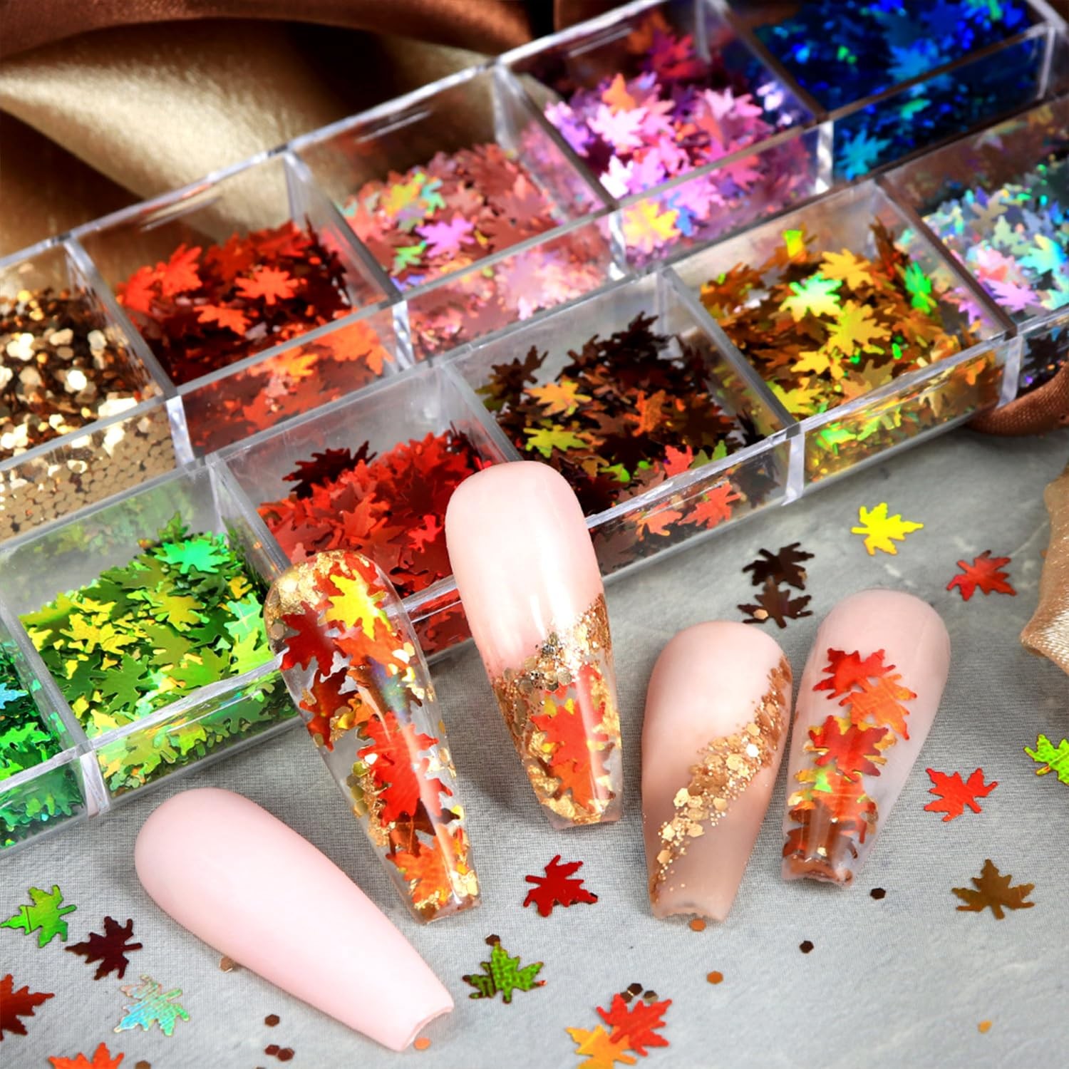 Fall Nail Art Glitter Sequins – Holographic Maple Leaf Flakes for Acrylic Nails