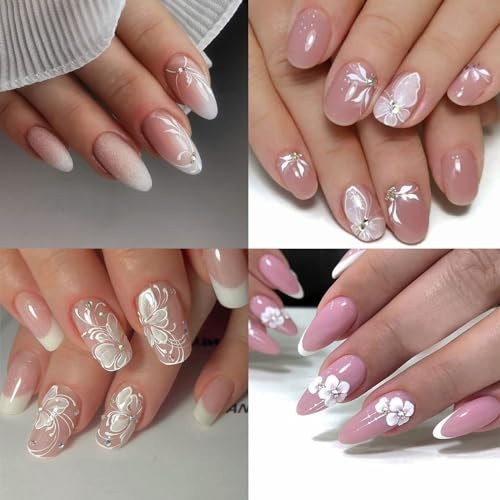 30 Sheets White Rhinestone Flower Nail Art Stickers 3D Self-Adhesive Flower