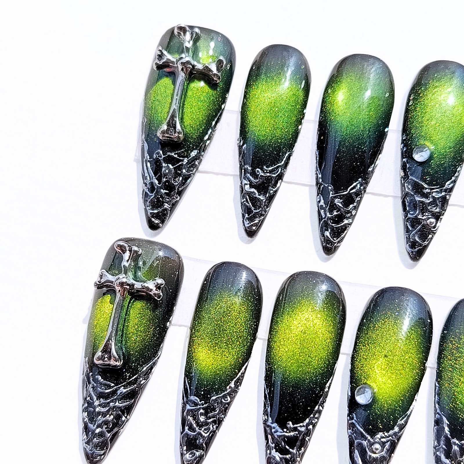 Green Cat Eye Gothic Cross Press-On Nails Stiletto Handmade