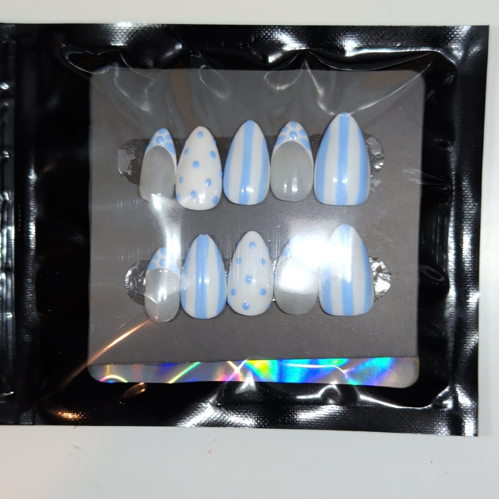 10 Piece Medium Almond Press-On Nails, Full Cover Shiny Blue White Polka!