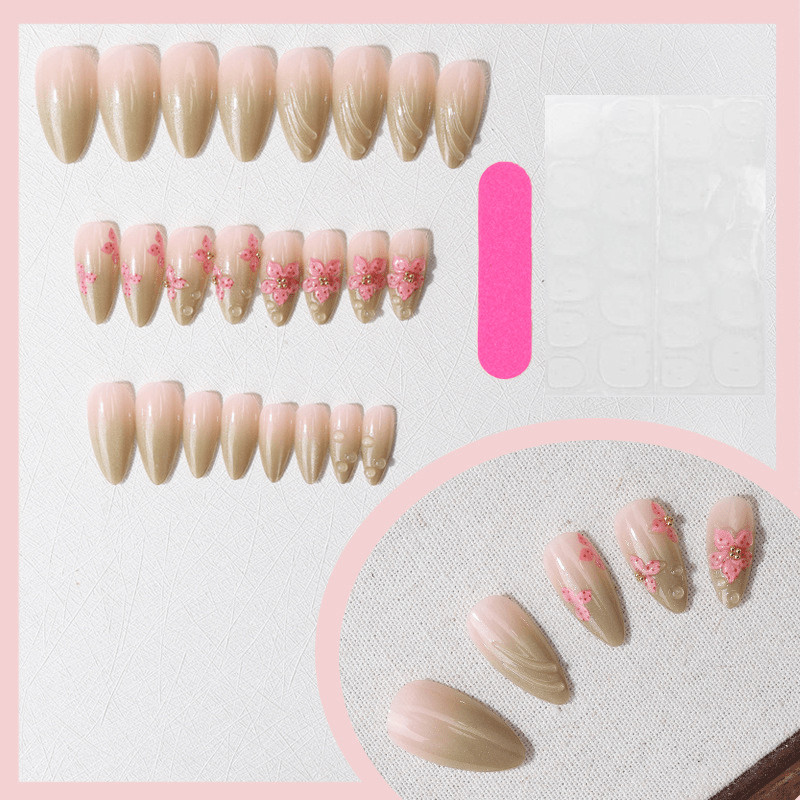 48pcs Almond Press on Nails,Light Green Gradient Hand Paint Cherry Blossom Nails