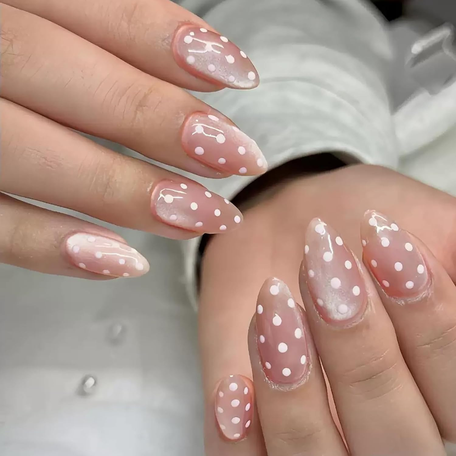 24Pcs Rose Red Press on Nails,Short Oval Fake Nails with Brown Polka Dots Design