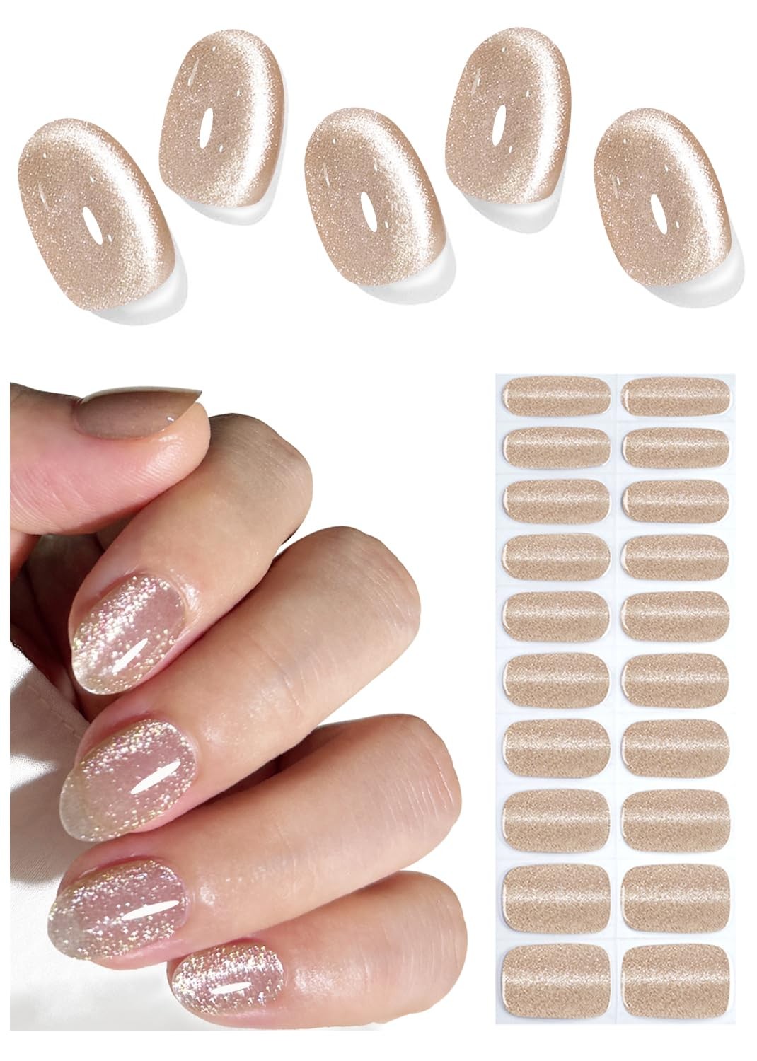UV Nail Stickers, Nude Cat Eye 20pcs Semi Cured Nail Strips, Wraps for Home M…