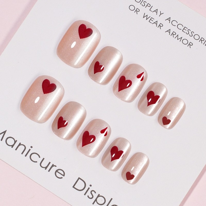 24 Pieces Heart Pattern Press On Nail ABS Material Short Square Style