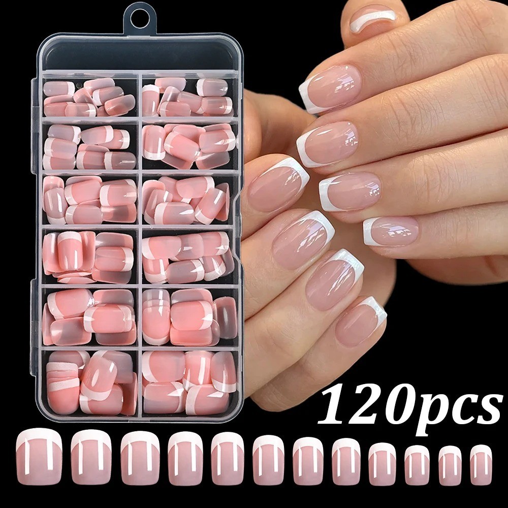 360/240/120pcs Light Pink Almond Press On Nails Glossy White French Fake Nail Si