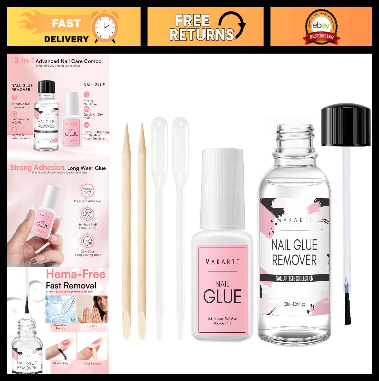 Super Strong Nail Glue Kit with Remover – Quick Dry Adhesive for Press-Ons, 7ML
