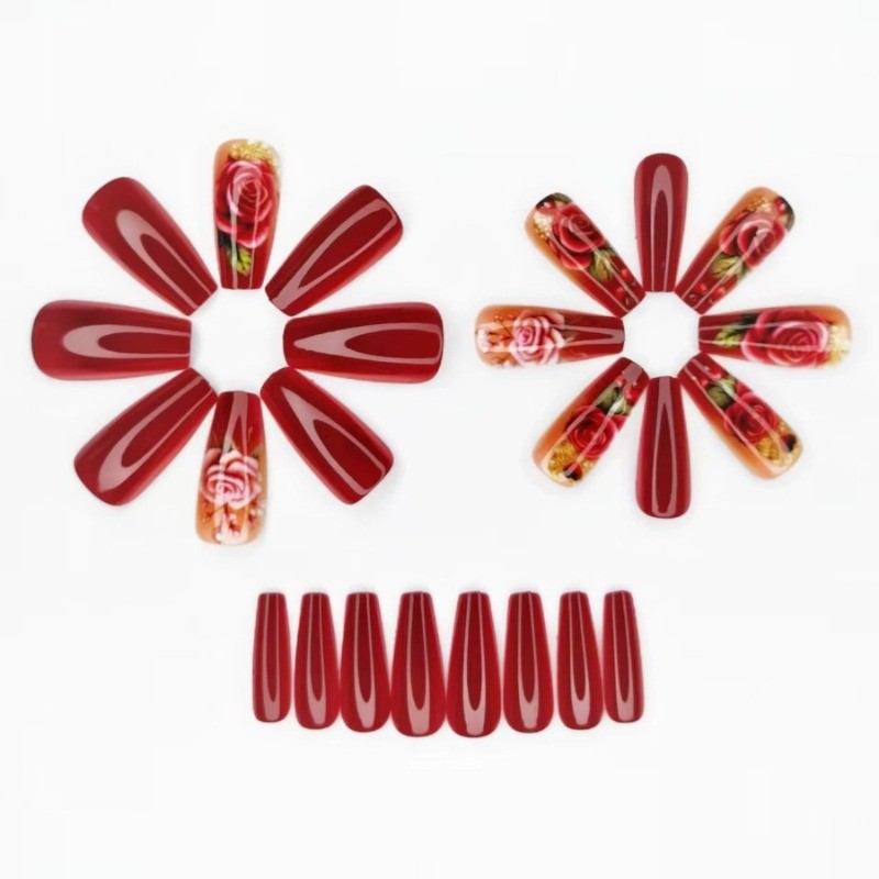 48 Elegant Red Rose Ballet Style Nails with Complex Floral Patterns for Nail Art