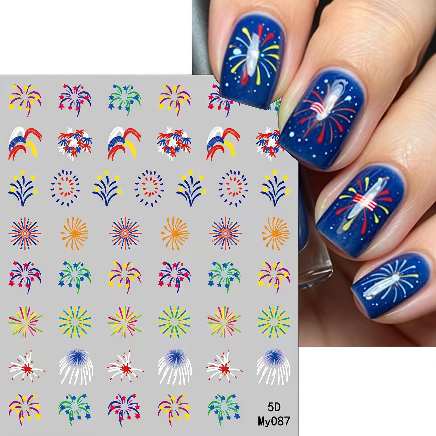 3 Sheets 4Th of July Fireworks Nail Art Stickers 5D Embossed Self Adhesive