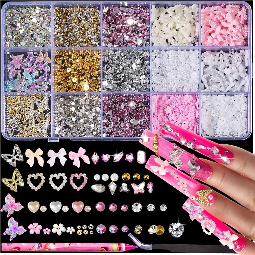 10000pcs Nail Charms And Gems, Pink Cute Bow Heart 3D Flower Charms