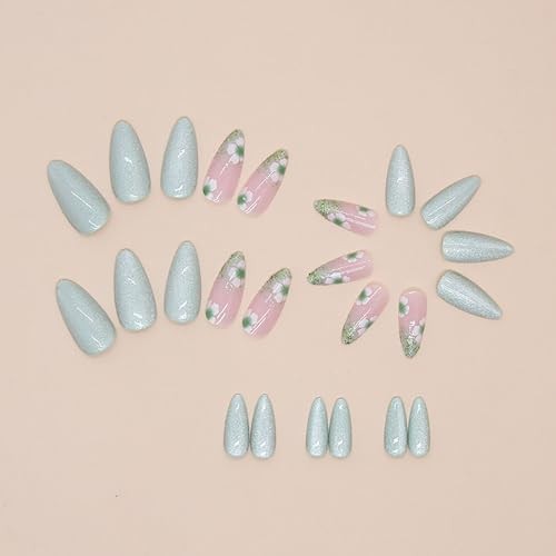 Press on Nails Medium Almond SWEKKE Magnetic French Fake Nails Green Full