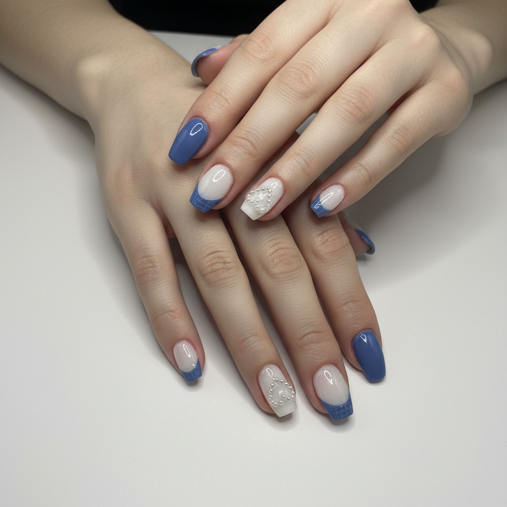 The MIMO Press on nails-Coffin White Base with Pearl Heart and 3D Pearl Lines
